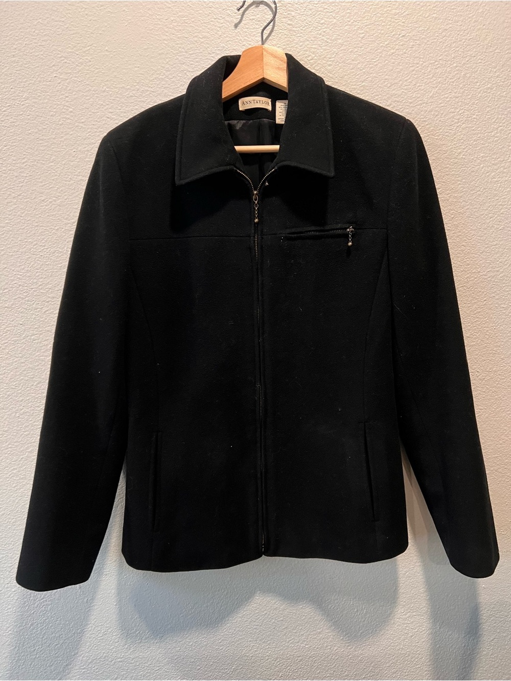 Ann Taylor Black Wool Blend Zip-Front Pea Coat